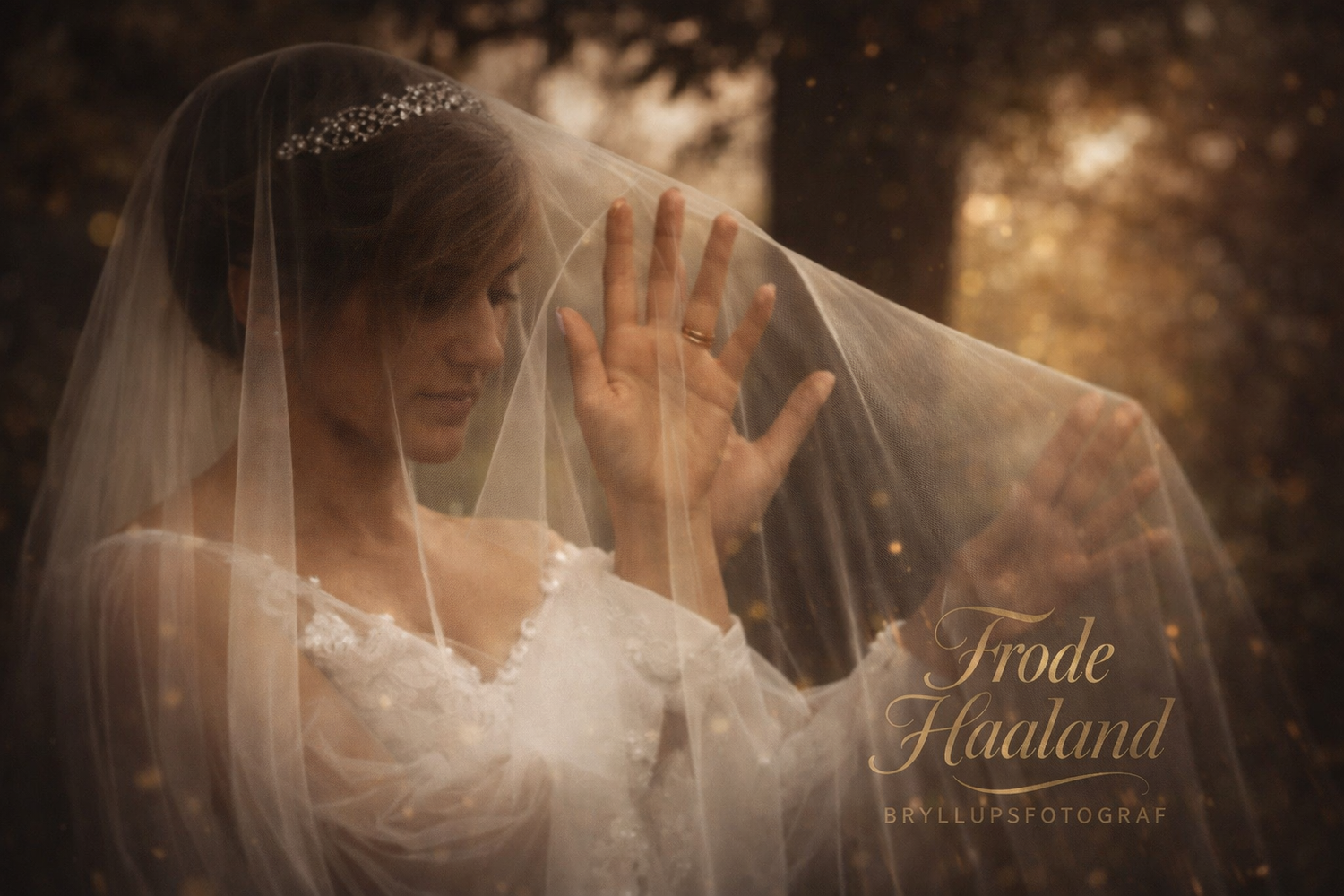 Bride in lace wedding dress with veil draped over her face reaching out her hand romantically.