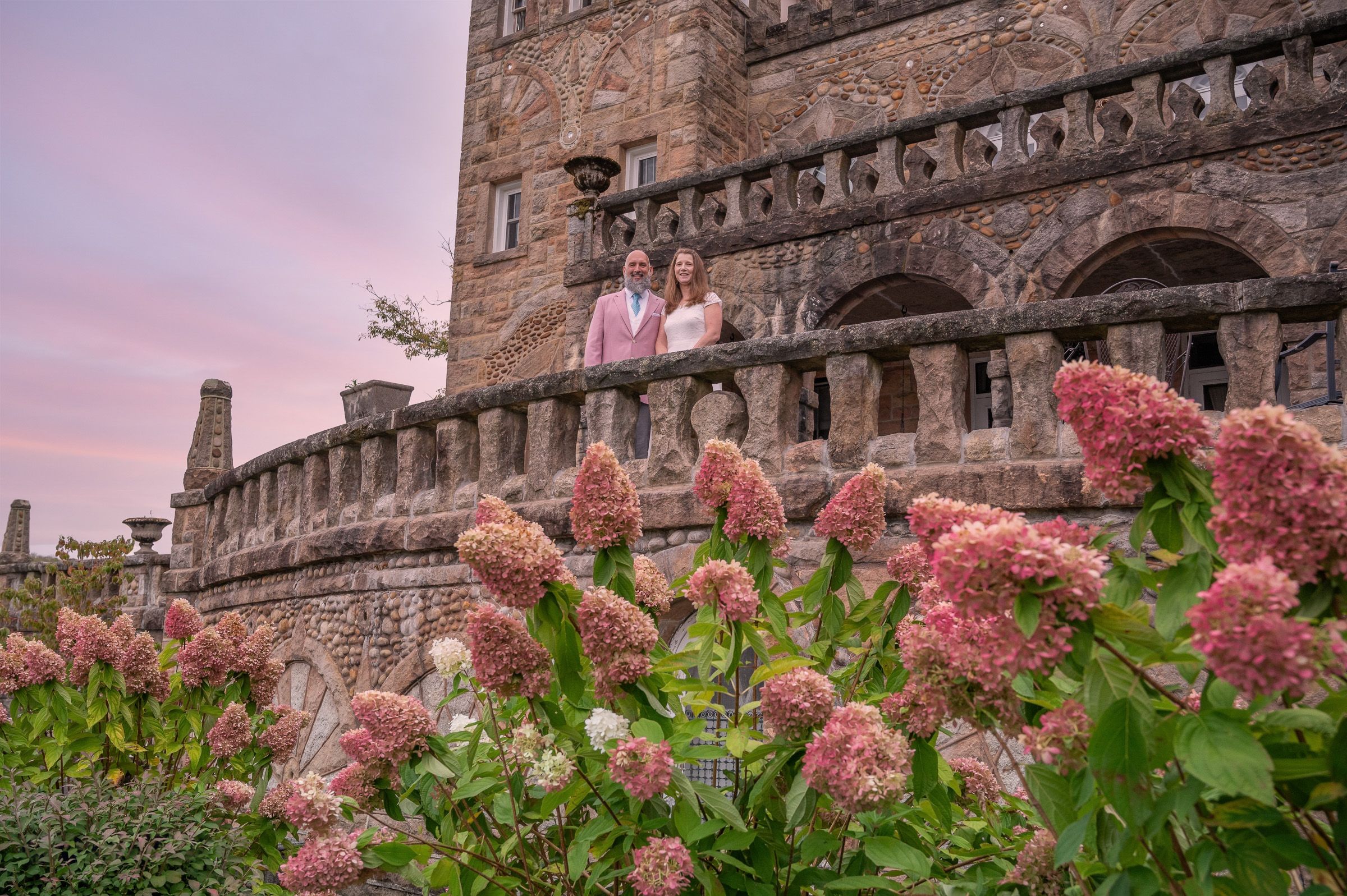 Pink hydrangeas blooming in front of an ancient stone castle wall at sunset.