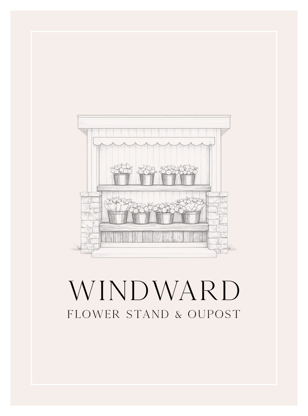Architectural sketch series showing a stone and wood flower stand design labeled 'Windward' from multiple angles.