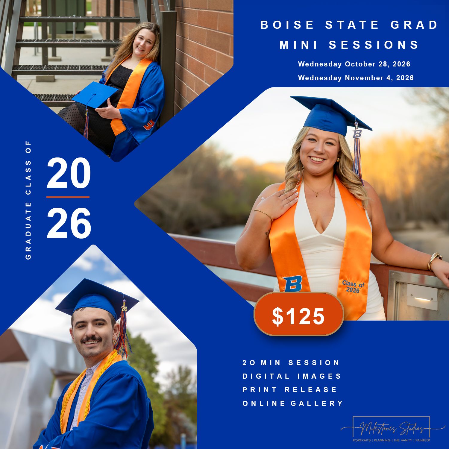 Boise state mini session ad winter grad 2026 by Milestones Portraits | Milestones Studios
