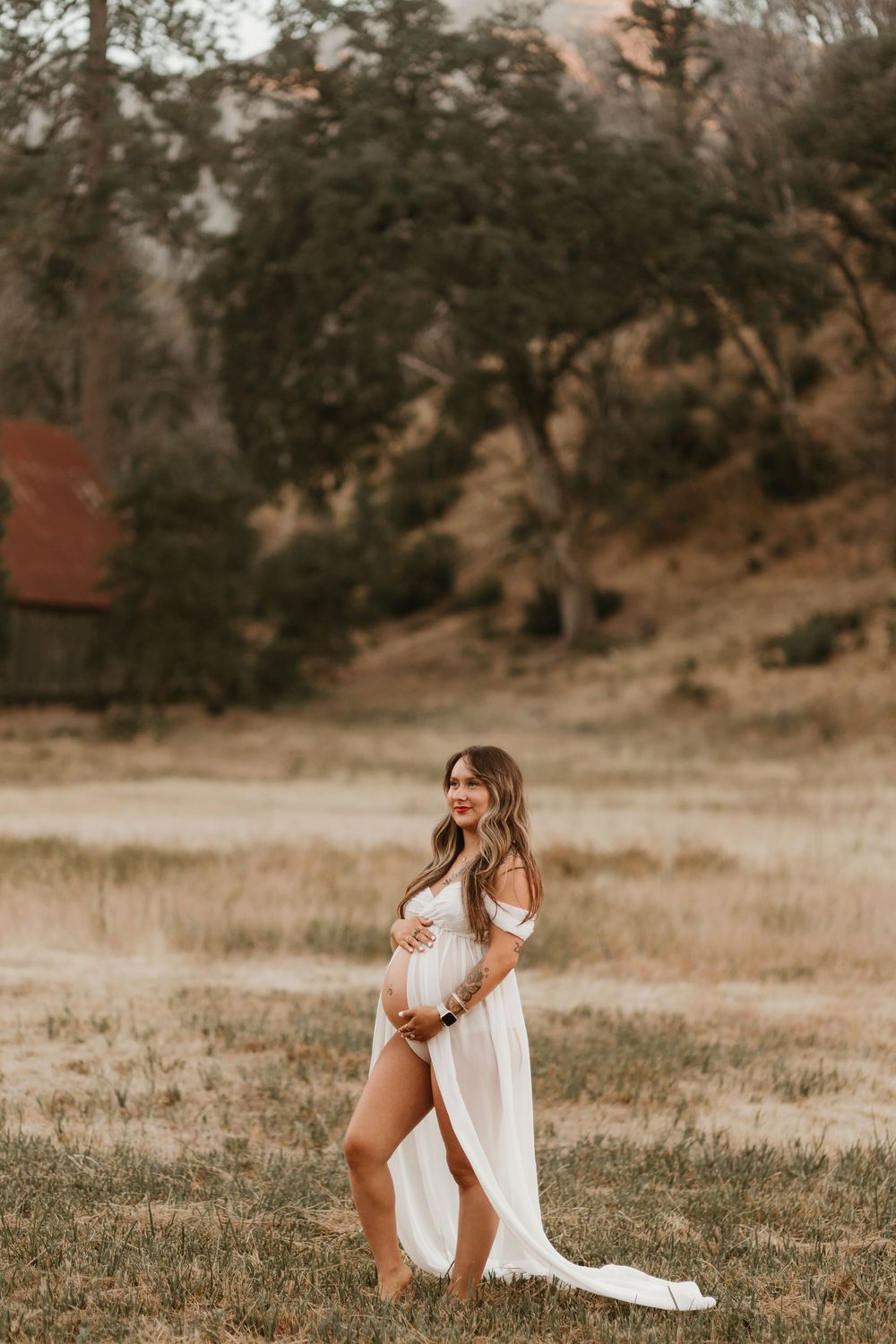 A woman in a white dress sits gracefully on grass in a natural outdoor setting during golden hour.