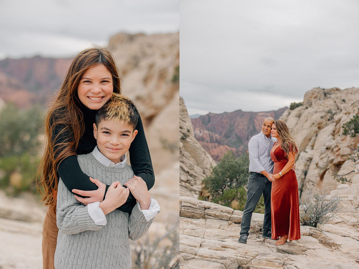 People embrace and pose on scenic rocky cliffs at sunset with desert canyon views in the background.
