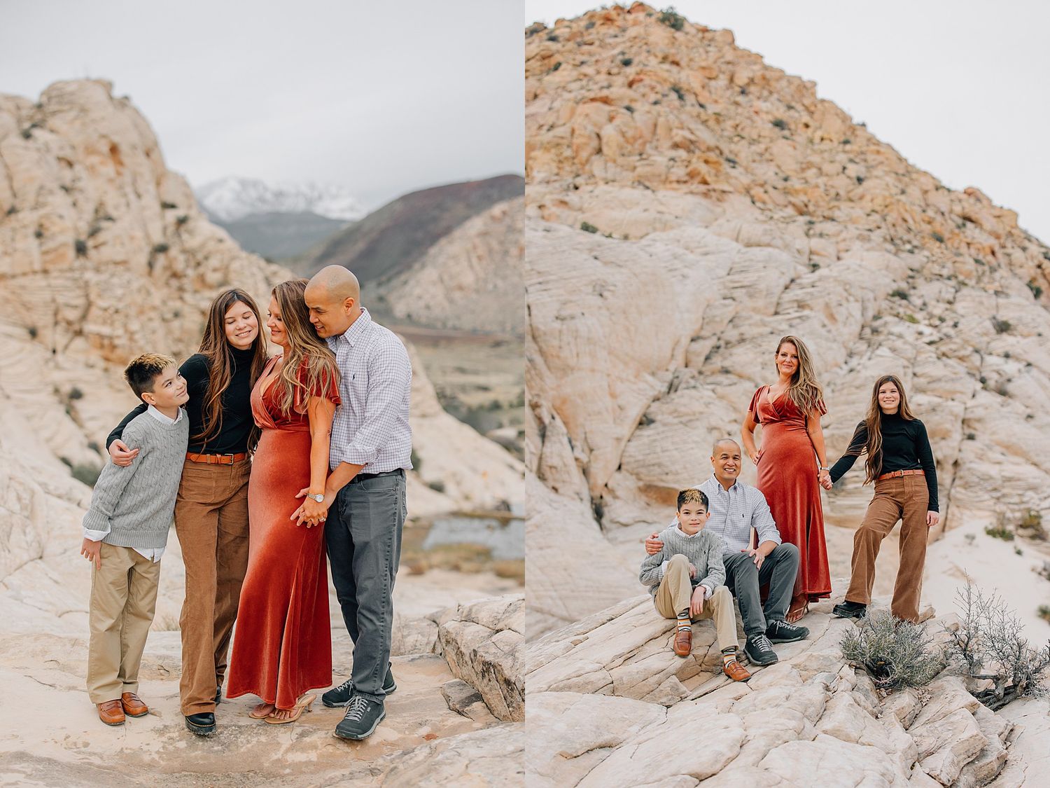 A group of people pose together against scenic desert rock formations in warm earth tones during golden hour.