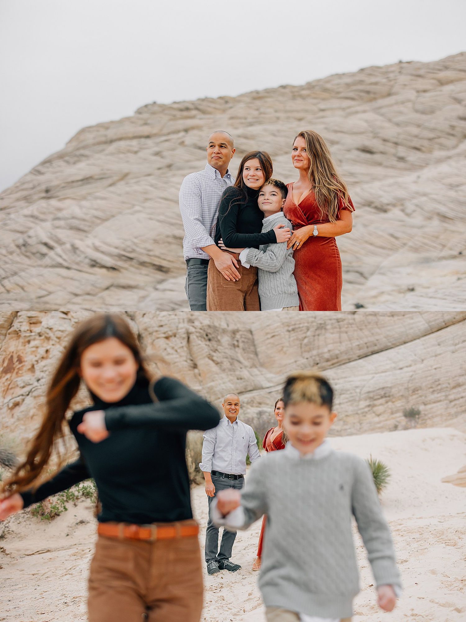 Family members play and interact candidly on rocky desert landscape during photoshoot.