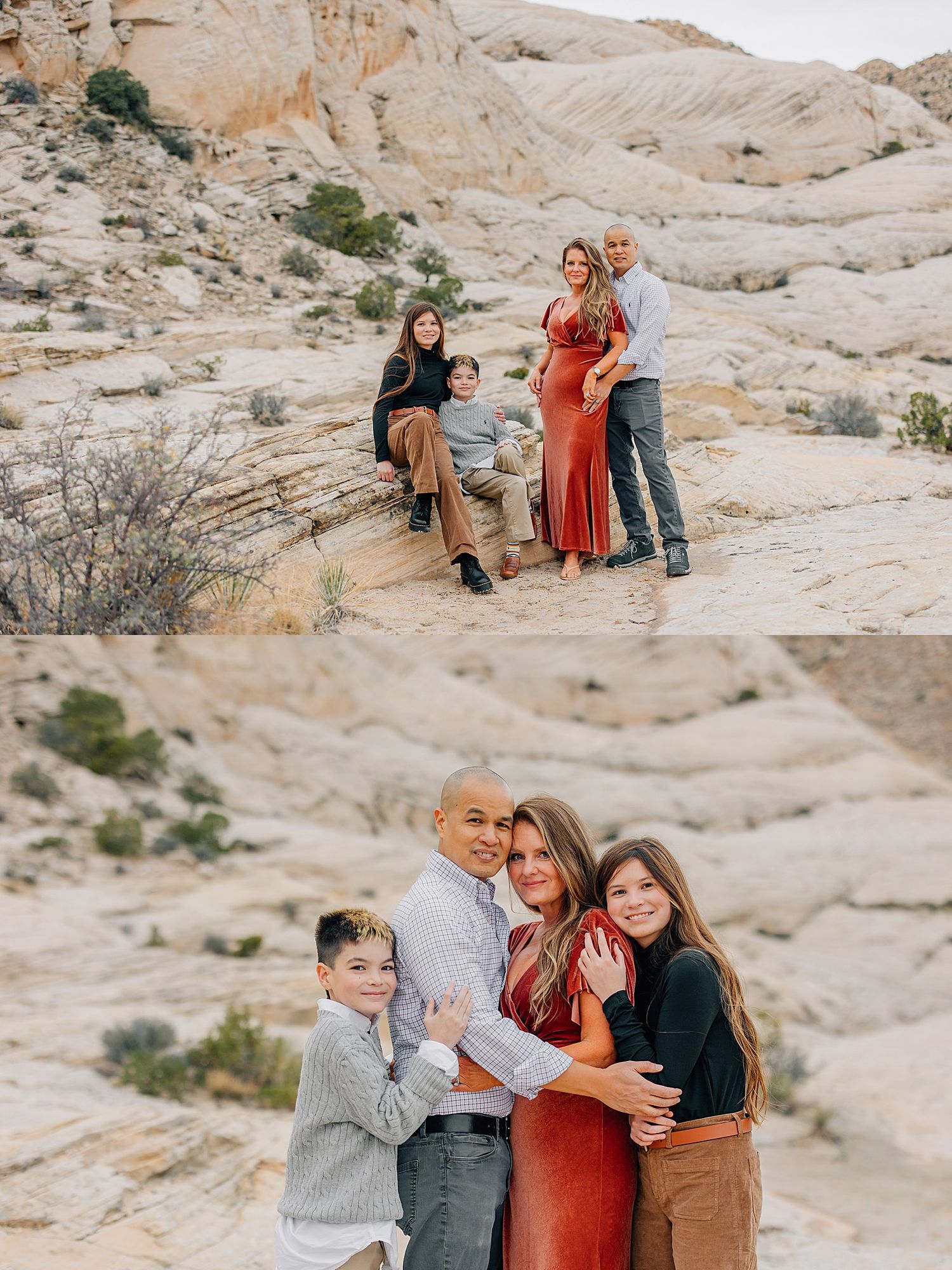 A group poses together on rocky desert terrain with sandstone formations in the background.