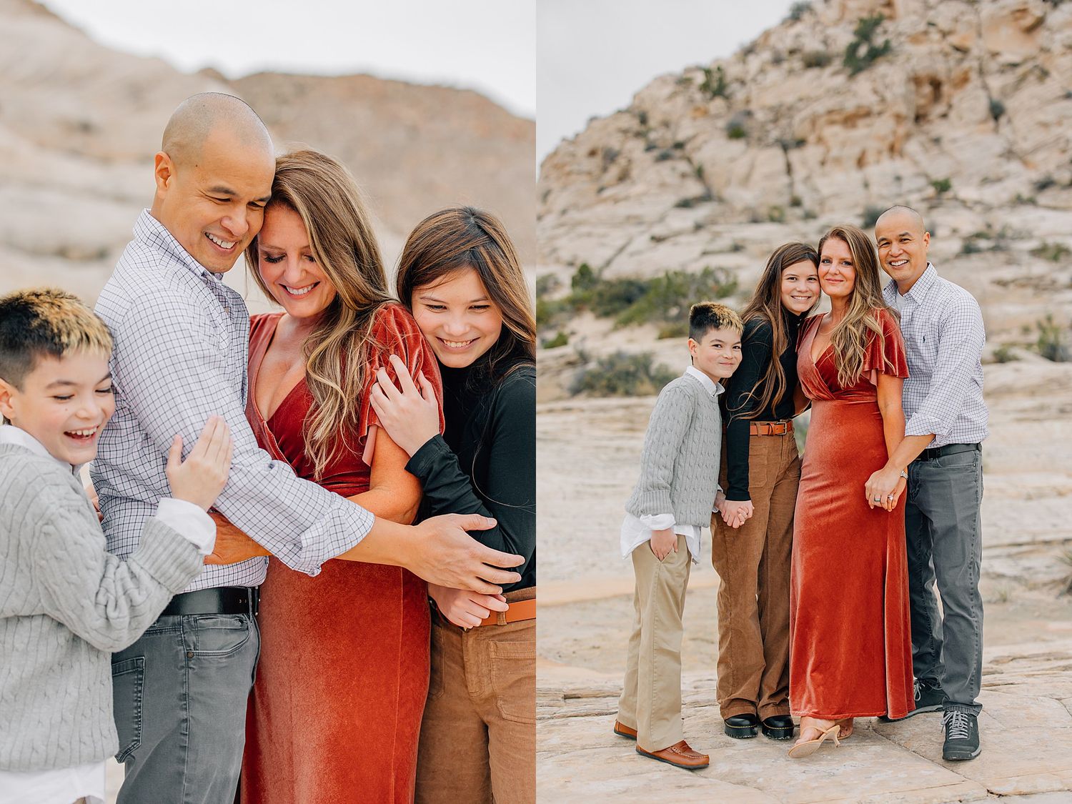 Collection of candid family portraits showing intimate moments and embraces in a desert landscape setting.