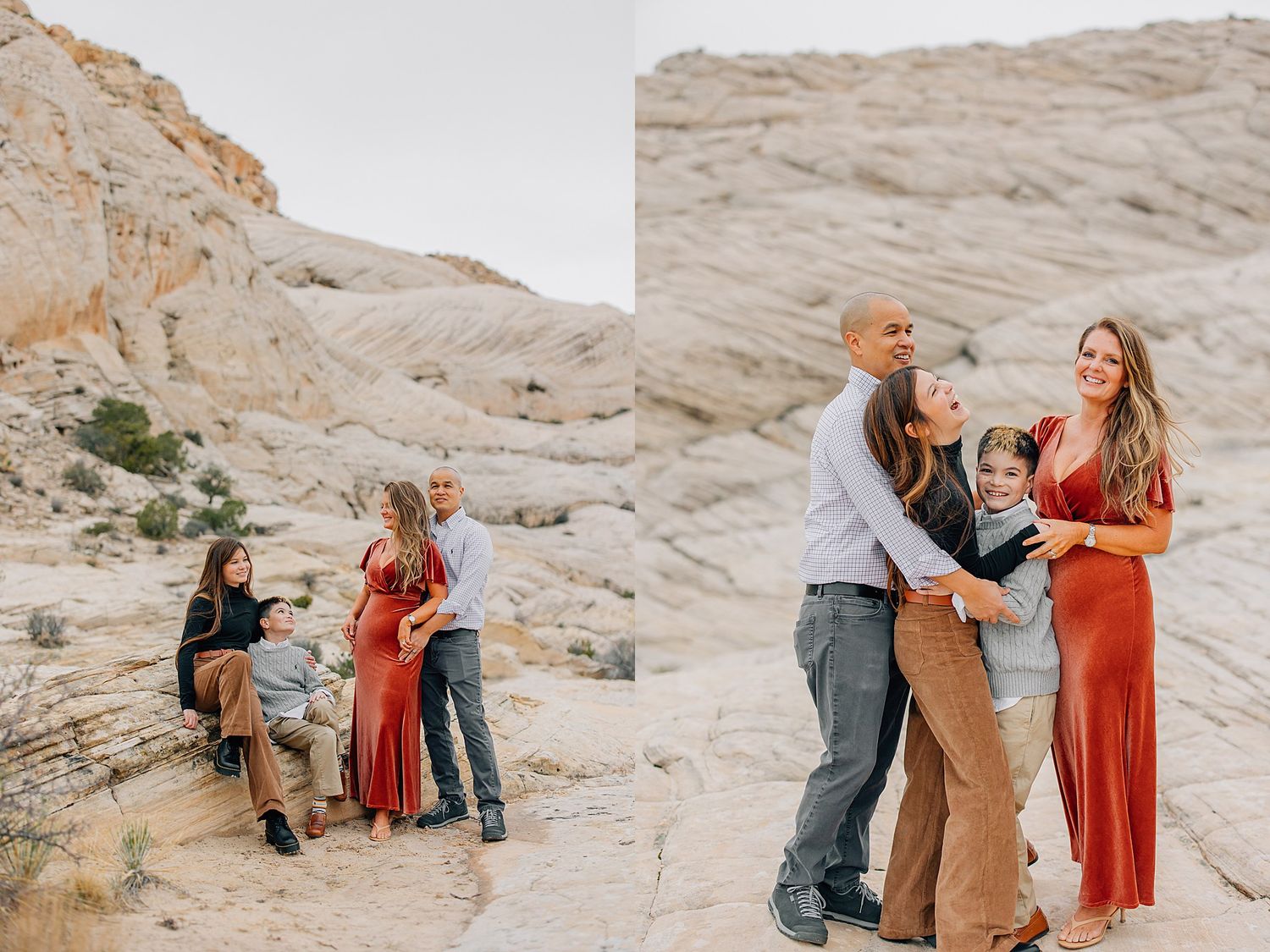 Group poses naturally on textured sandstone formations during desert photo session.