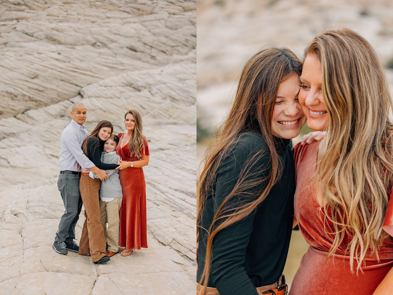 Candid moments captured of loved ones embracing on desert cliffs during golden hour.