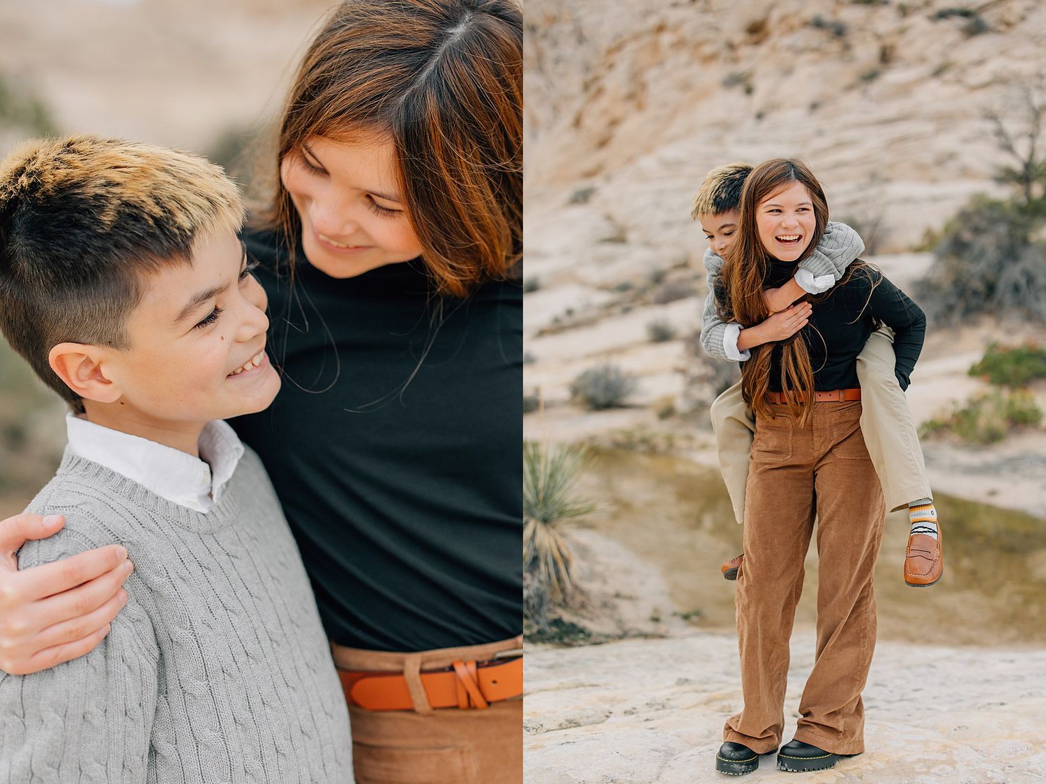 Close-up candid moments of family members hugging and interacting against desert rock formations.