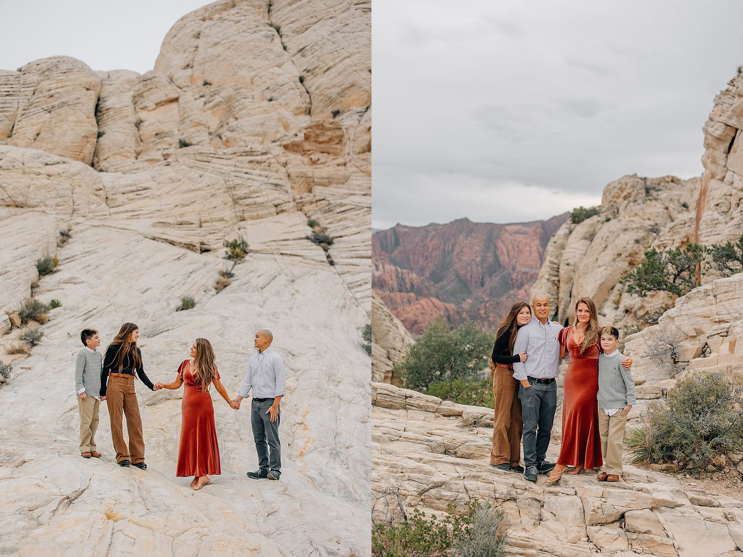 Family shares joyful moments together on rocky desert terrain during outdoor photo session.
