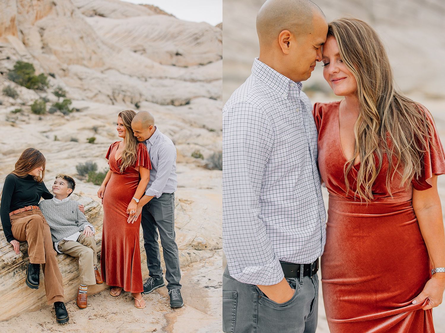 Couple poses intimately against scenic desert rock formations during sunset engagement photoshoot.