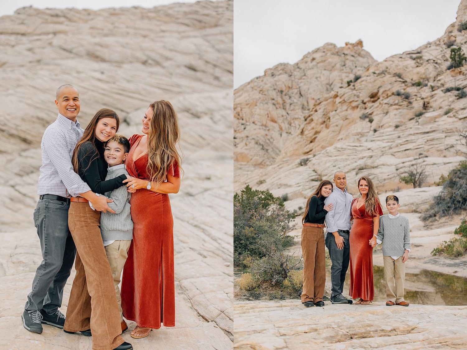 Candid family photography session showing loving interactions among family members in a desert setting.