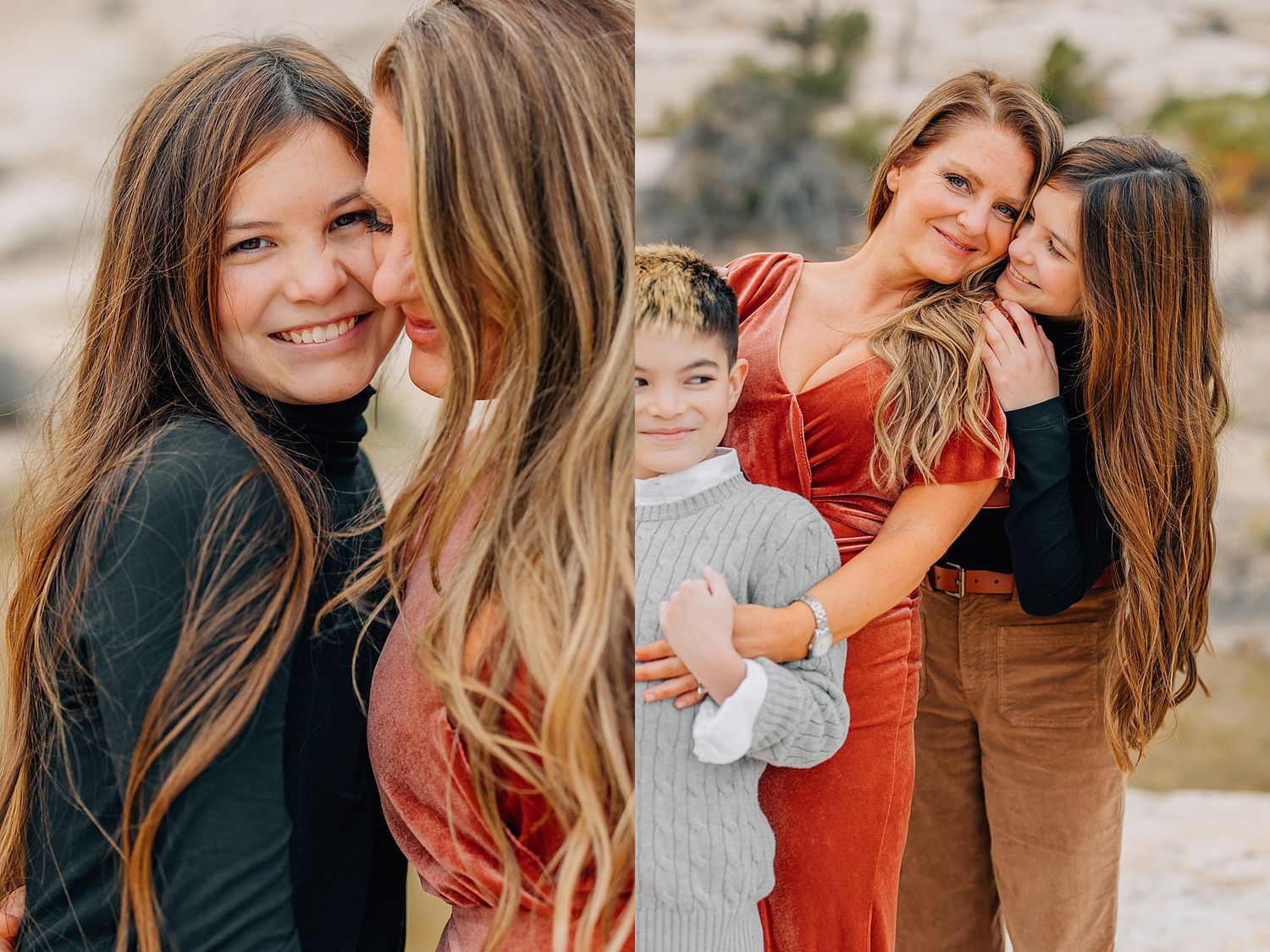 A series of candid outdoor family photos showing warm embraces and playful moments in casual autumn attire.