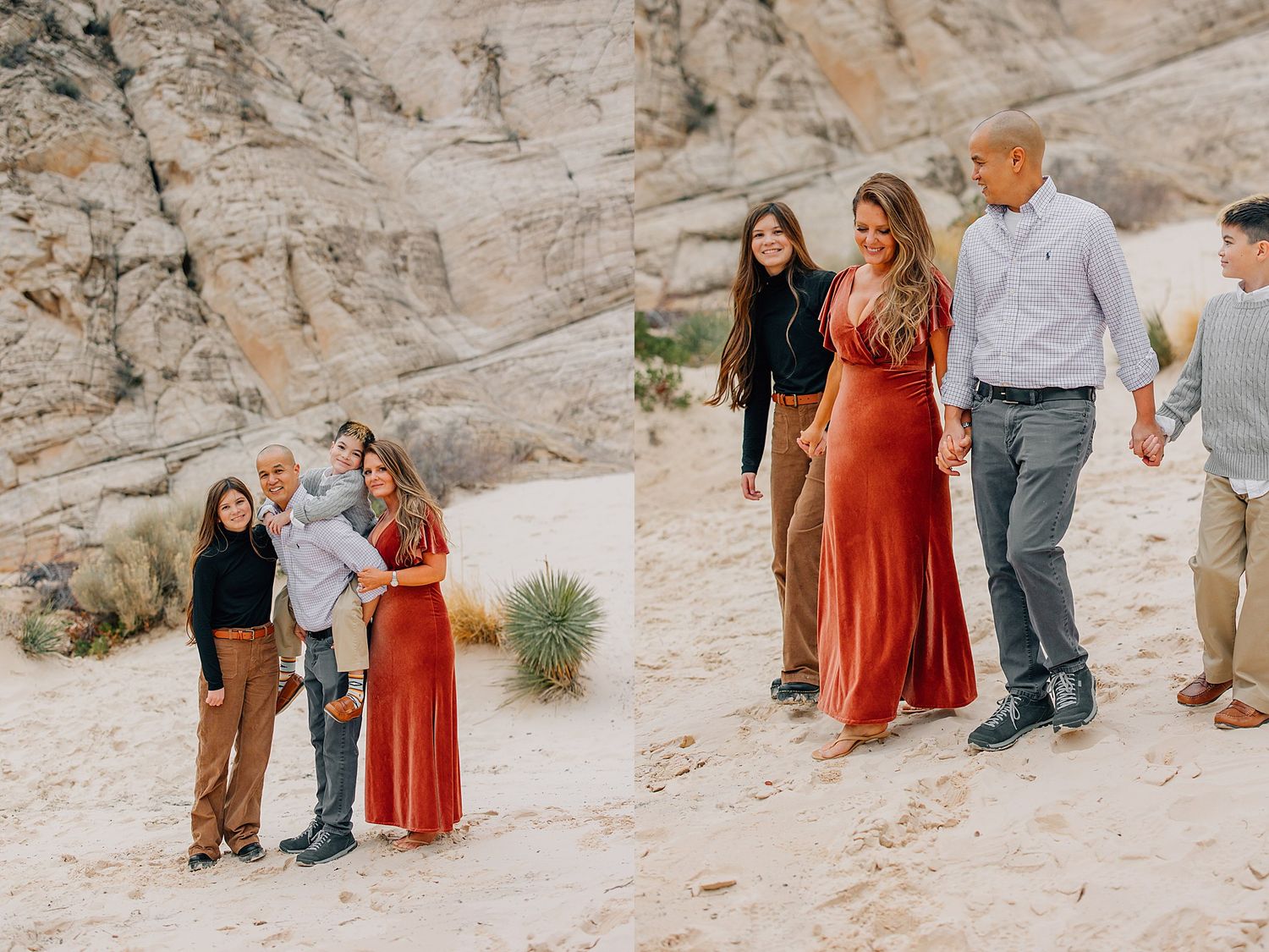 A family shares joyful moments together while posing against rocky desert terrain in coordinated casual outfits.