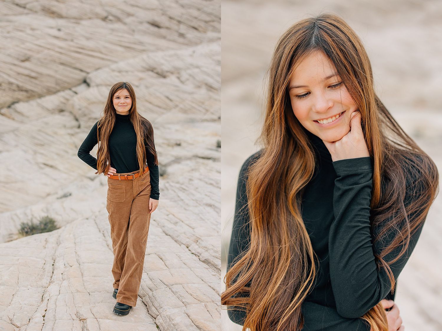 Long-haired figures in dark and earth-toned clothing pose against a desert rock backdrop.