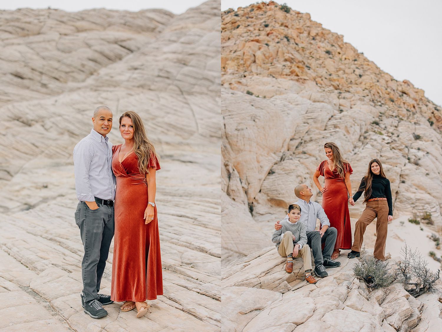 Family enjoying a scenic desert photoshoot among rocky formations at sunset.