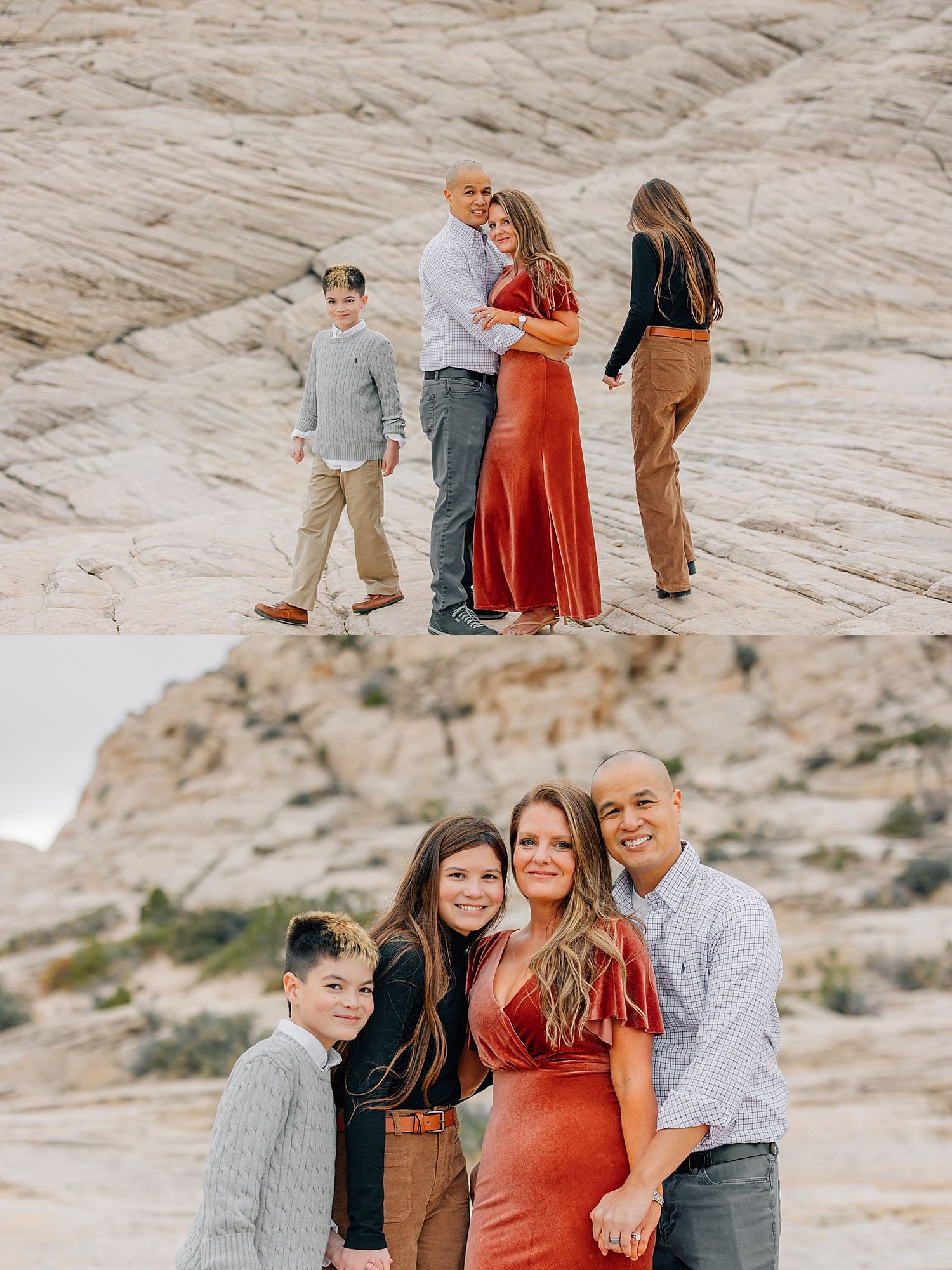 A family poses together on rocky desert terrain wearing coordinated casual outfits in earth tones and rust colors.