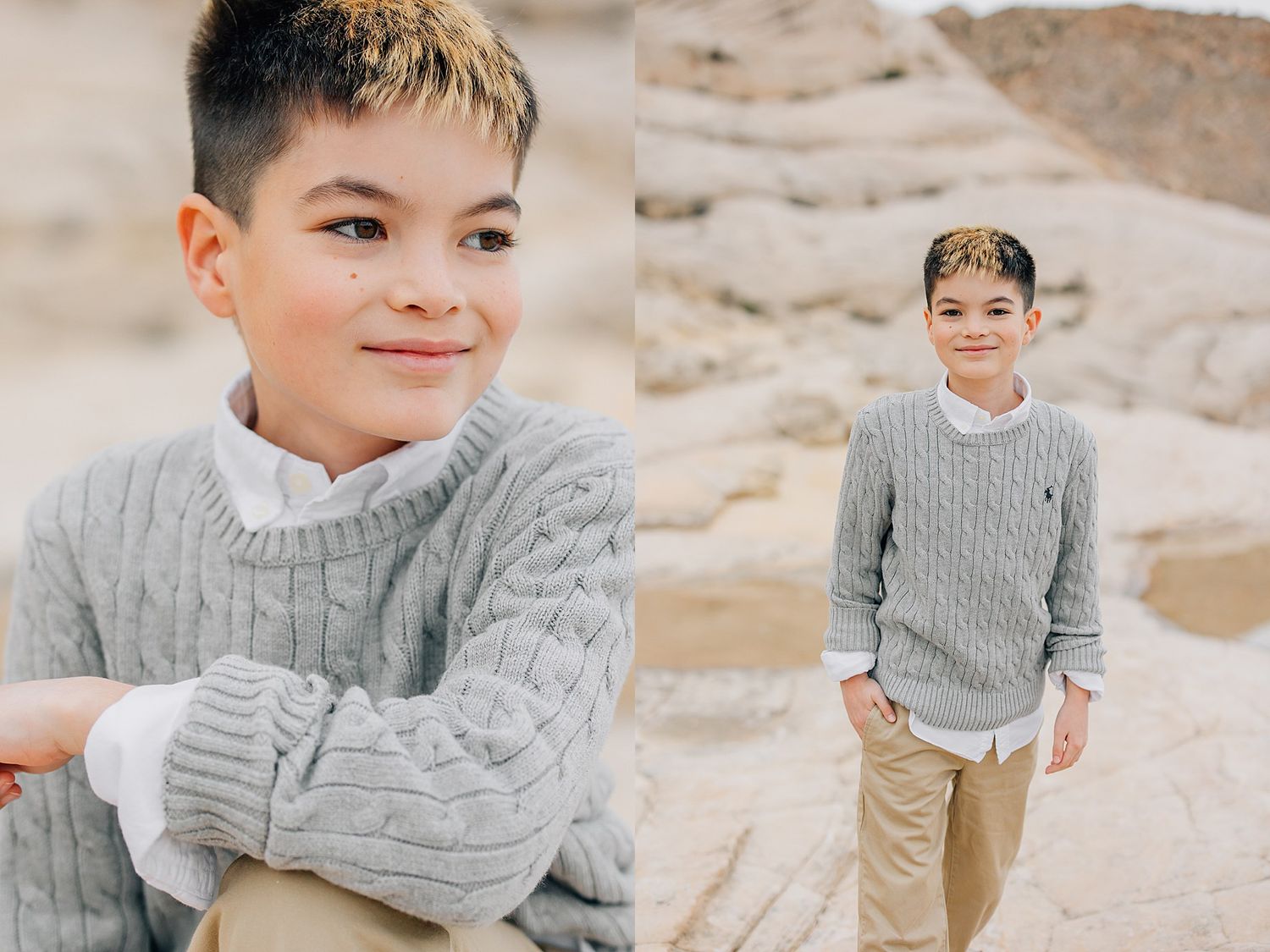 Young child wearing a cozy gray cable knit sweater poses outdoors on a sandy beach.