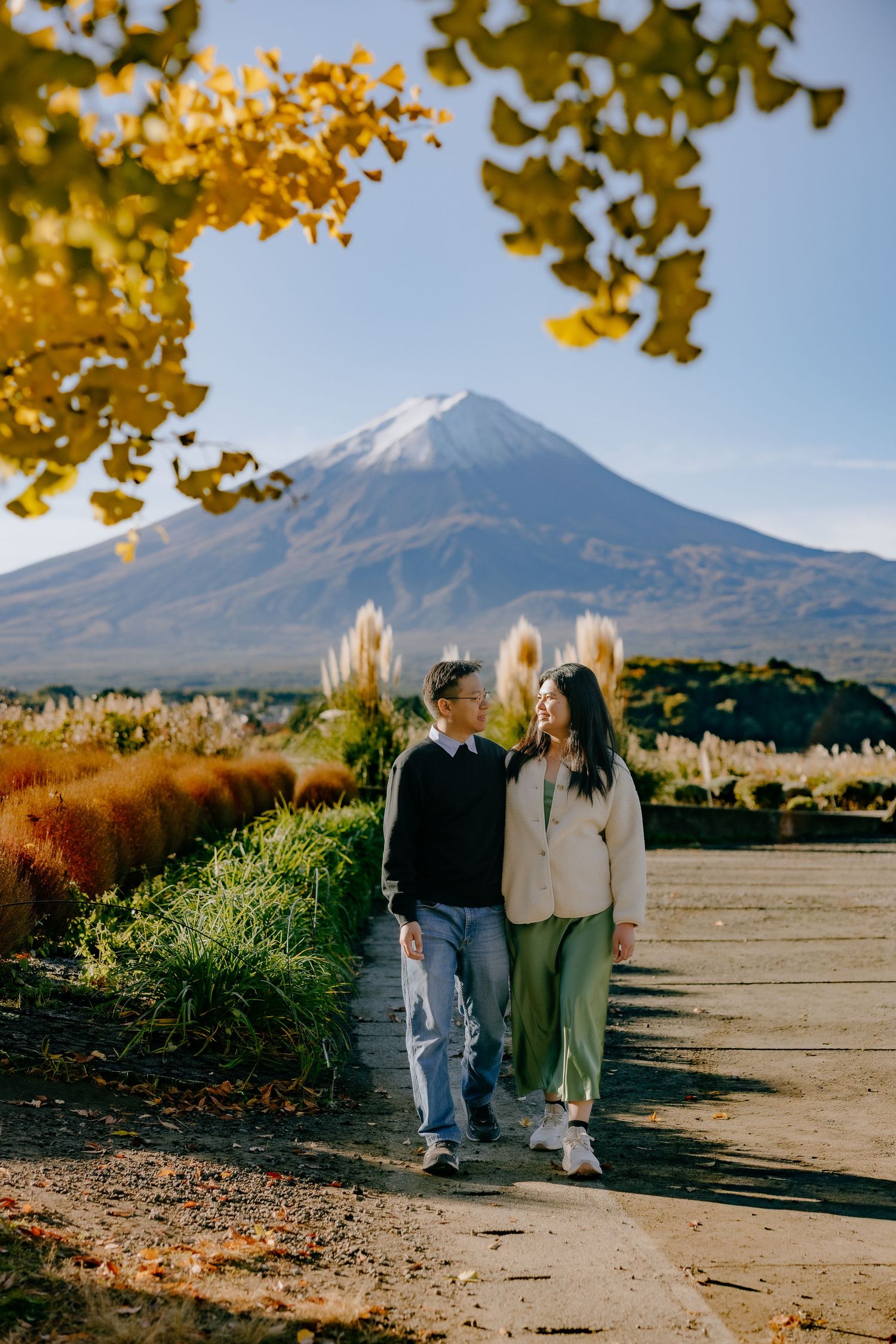 A scenic autumn landscape with Mount Fuji in the background and golden leaves framing the view.