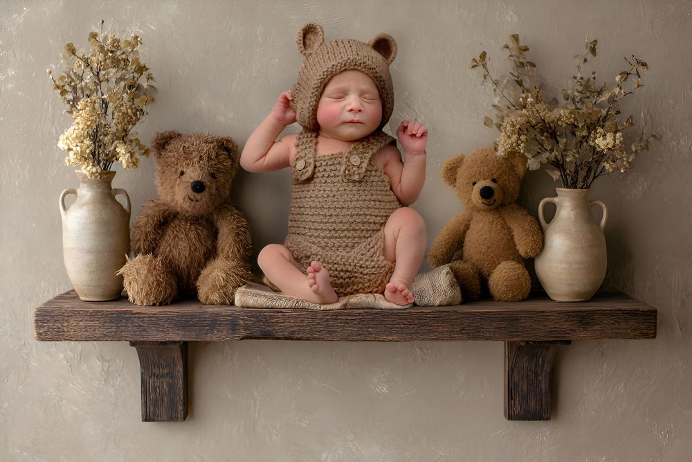 Rustic wooden shelf with teddy bears, pottery vases, and dried floral arrangements displayed against a neutral wall.