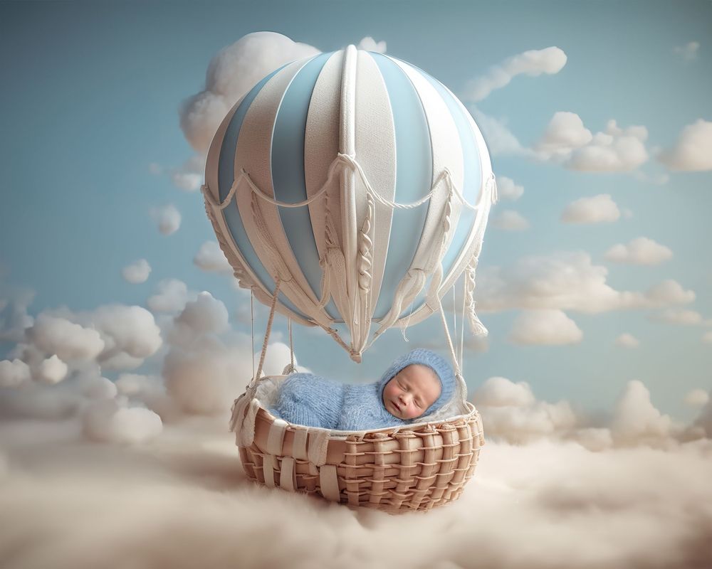 A series of dreamy hot air balloon themed baby photos with soft pastel blue and beige tones in cloudy settings.