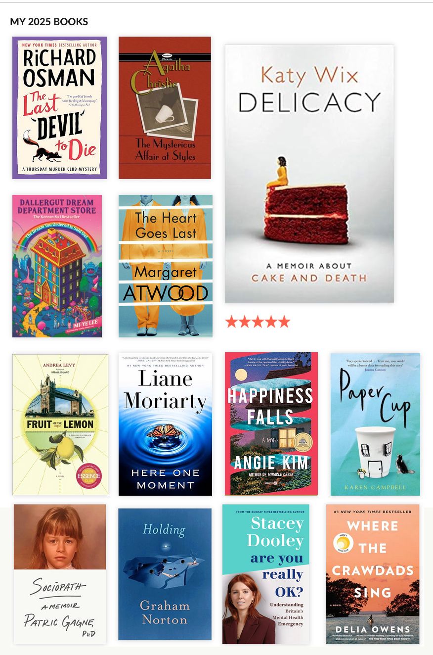 A collection of book covers arranged in a grid showing various titles from 2025 reading list including fiction and non-fiction works.