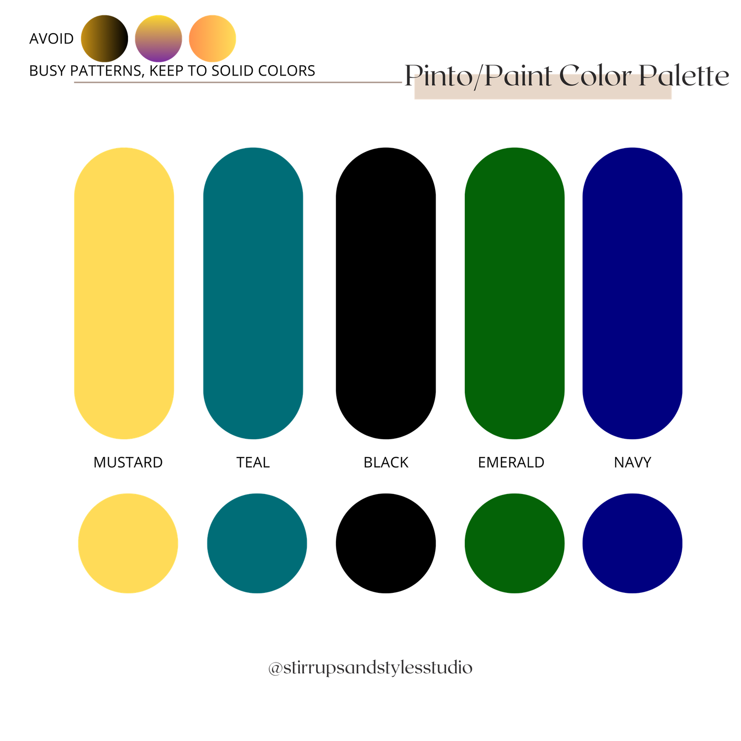 Color palette featuring five bold colors: mustard yellow, teal, black, emerald green, and navy blue with circular swatches below.