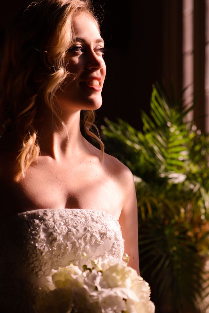 A bride in a strapless lace wedding dress poses in dramatic lighting with ferns and foliage in the background.