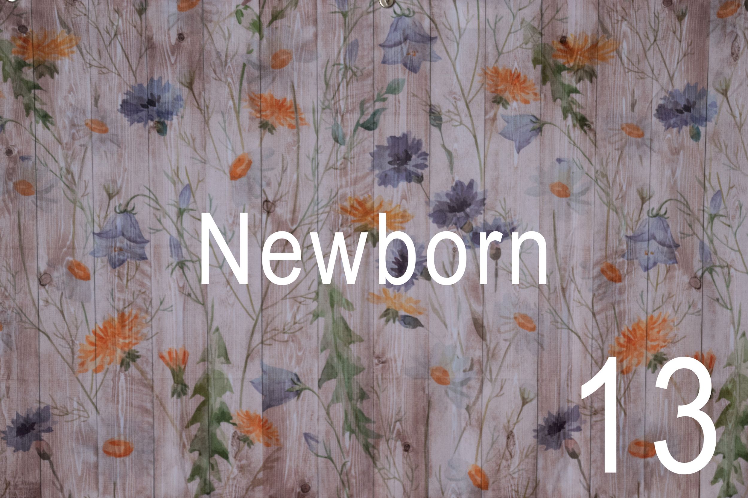 A baby lies on a floral backdrop with orange and purple flowers while wearing a white onesie.