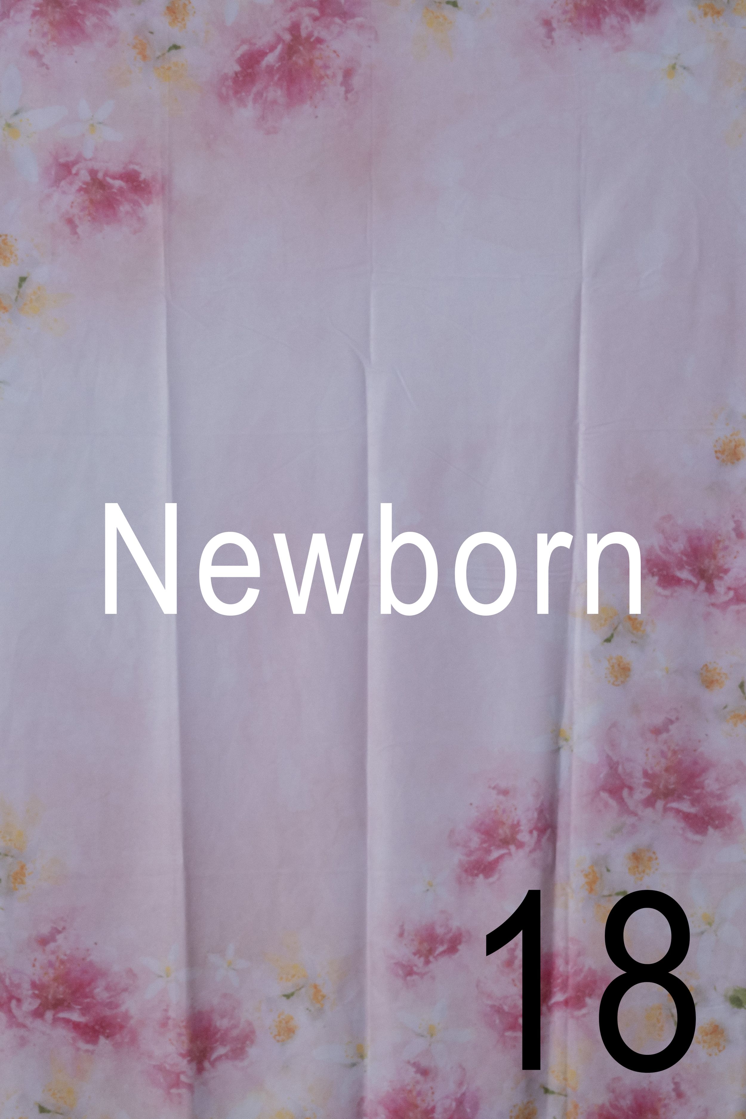 Pink and gold floral backdrop with white text reading 'Newborn 18' against a soft textured background.