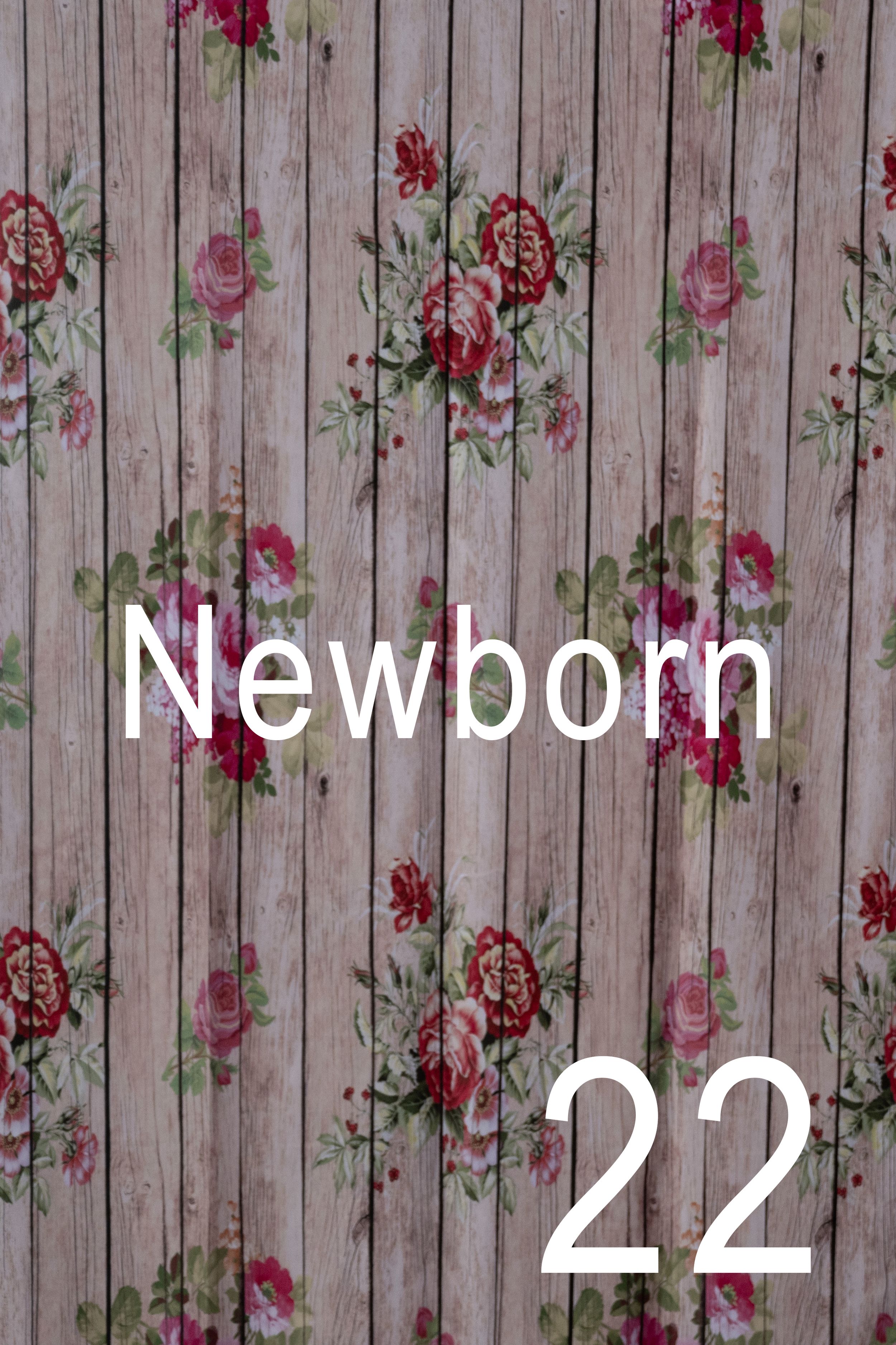 A rustic wooden wall with floral patterns and the text '22' and 'Newborn' overlaid in white letters.