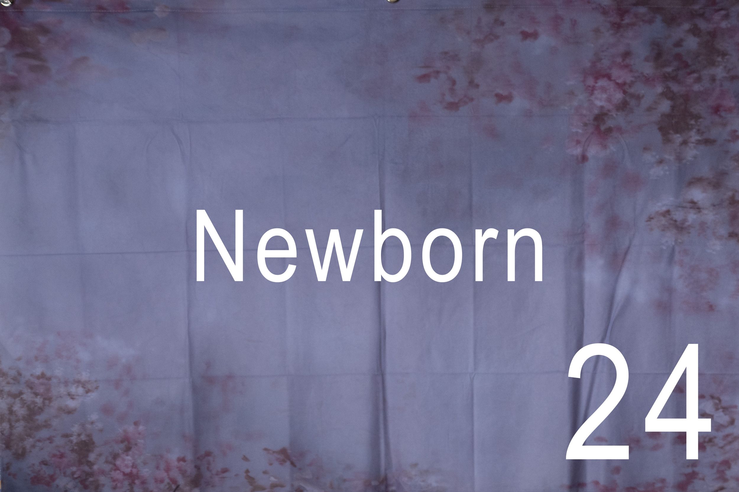 A newborn baby wearing a white onesie sleeps peacefully on a soft blanket with number 24 text overlay.