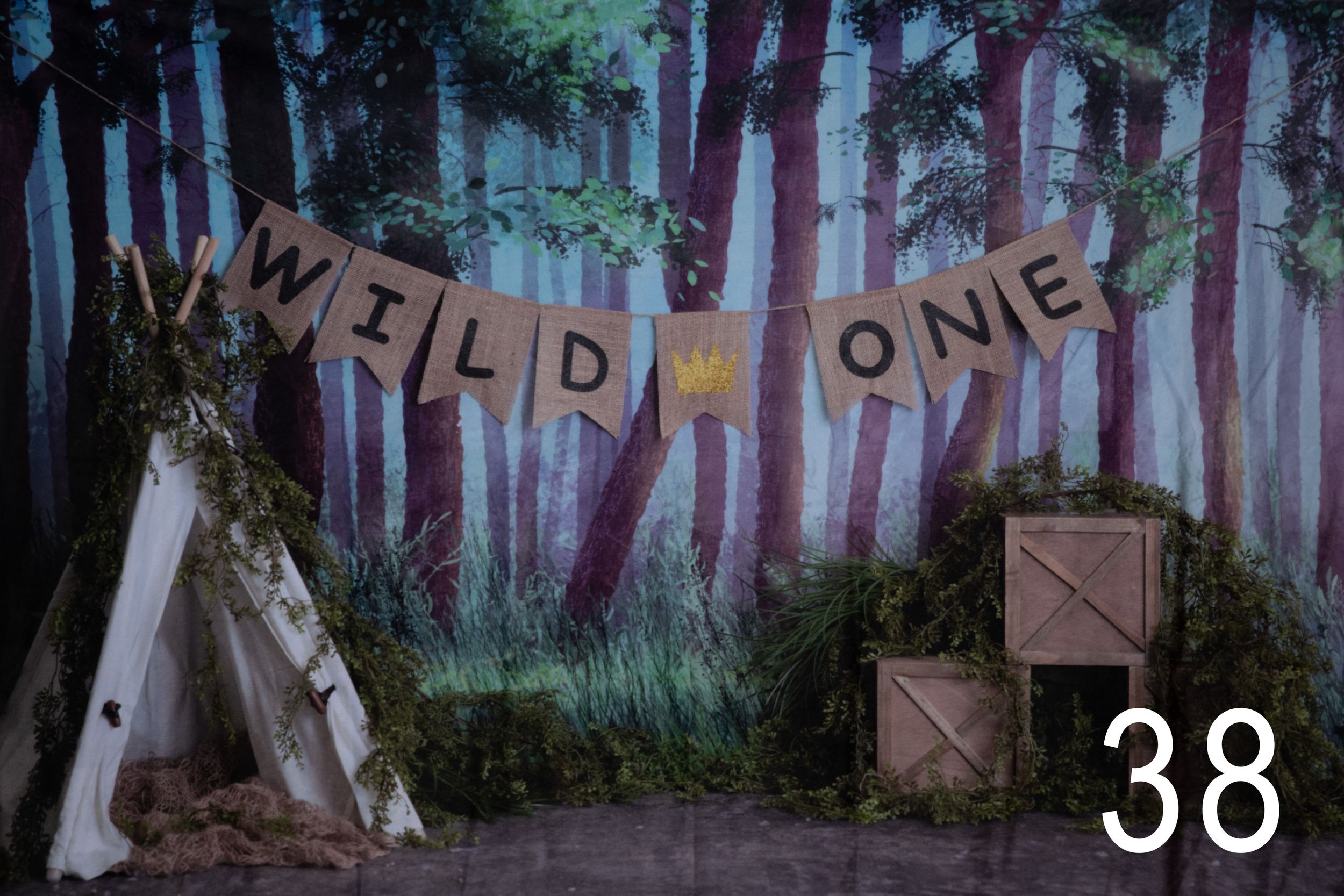 A rustic woodland scene with a 'WILD ONE' banner hanging between trees and decorative wooden crates.