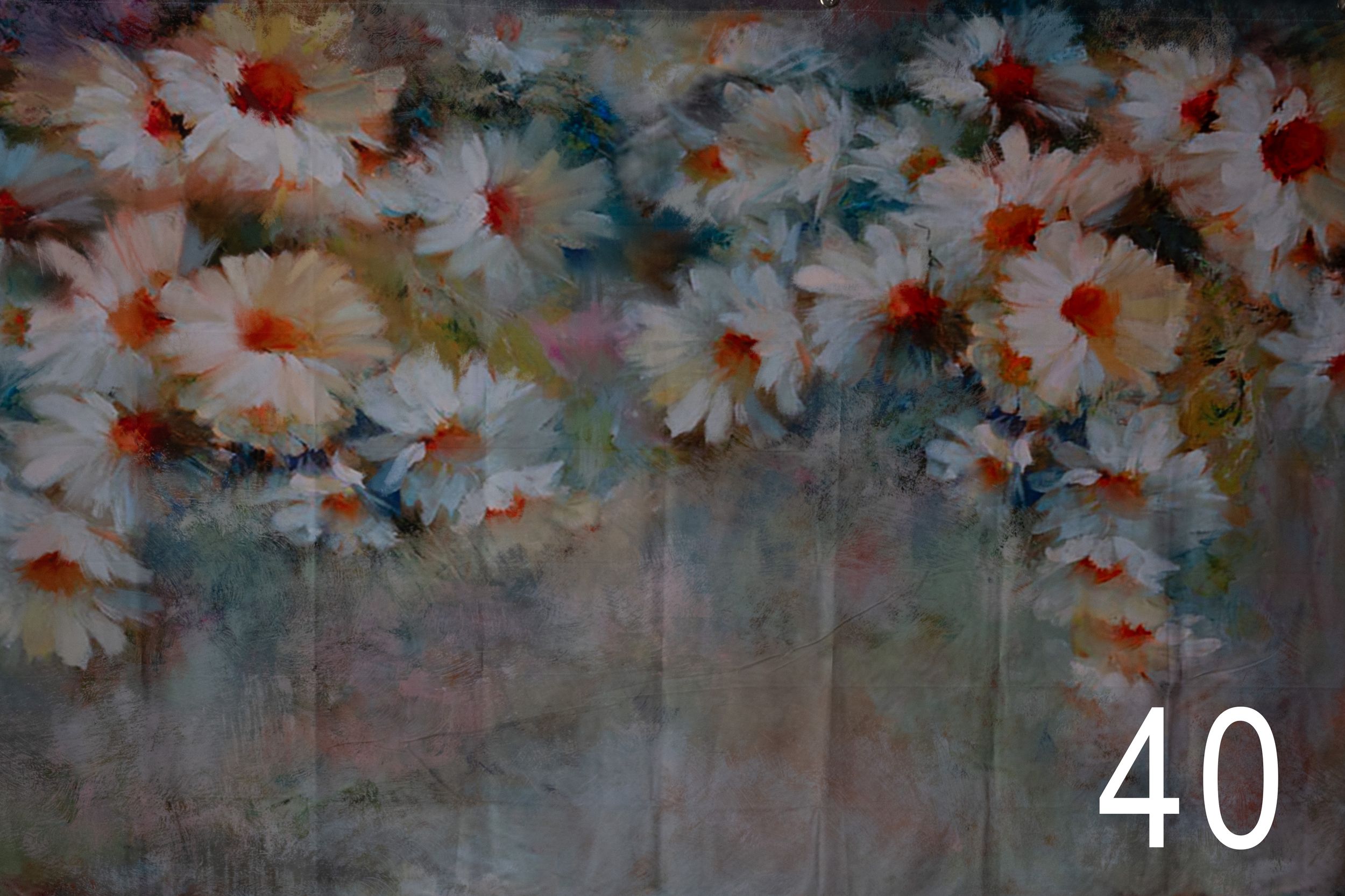 White daisies with red centers bloom against a textured blue and gray watercolor background.