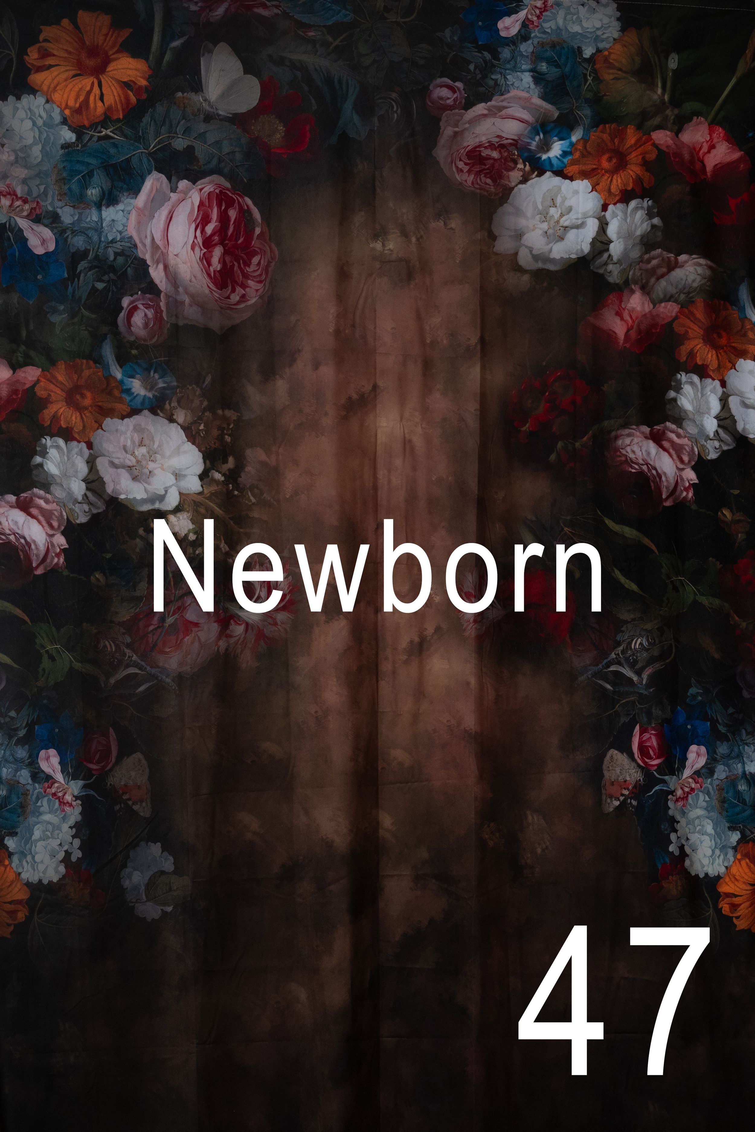 Floral border frames white text reading 'Newborn 47' against a dark moody background with vintage roses.