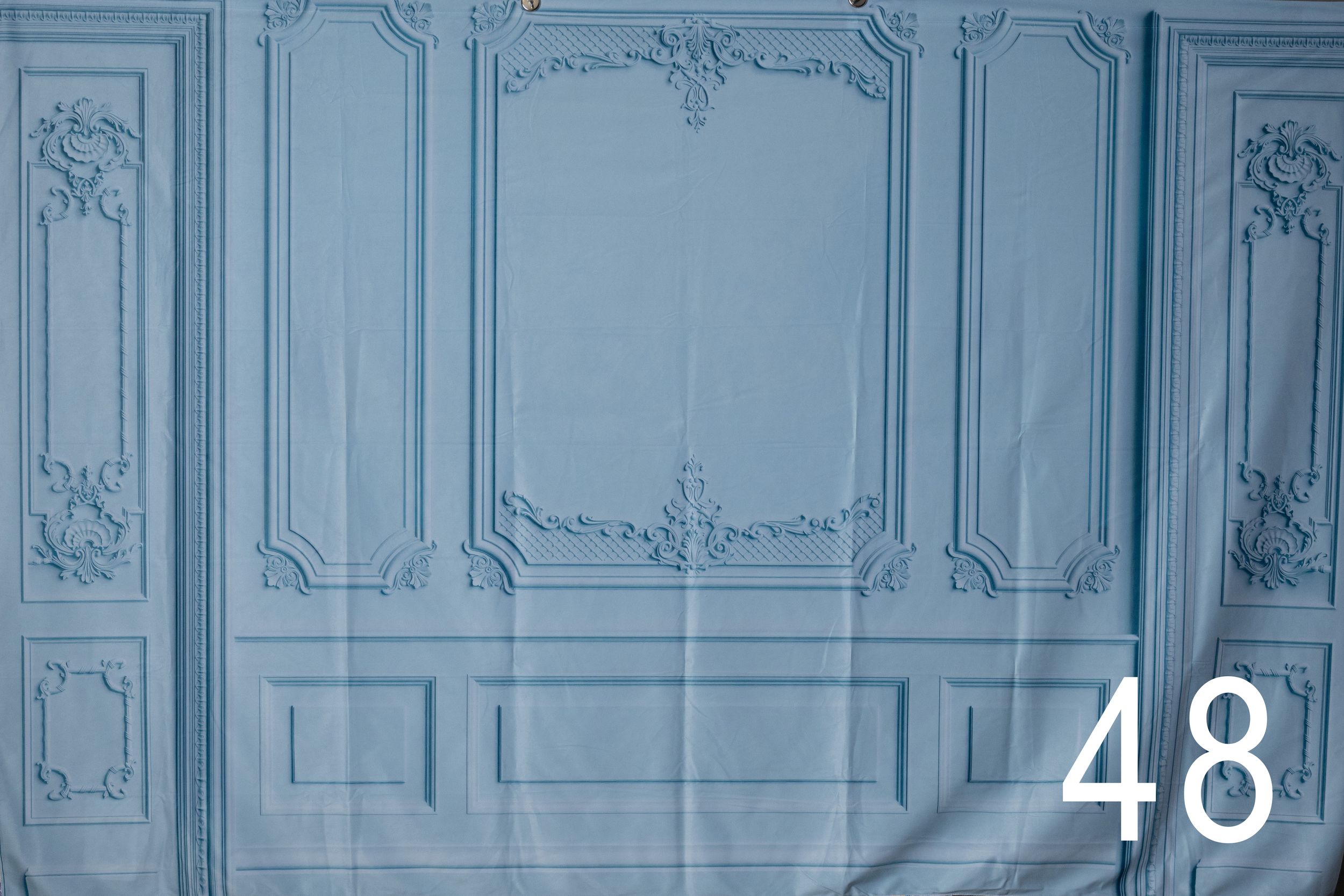 Elegant blue-gray wall paneling with ornate decorative moldings and classical architectural details in a historic interior.