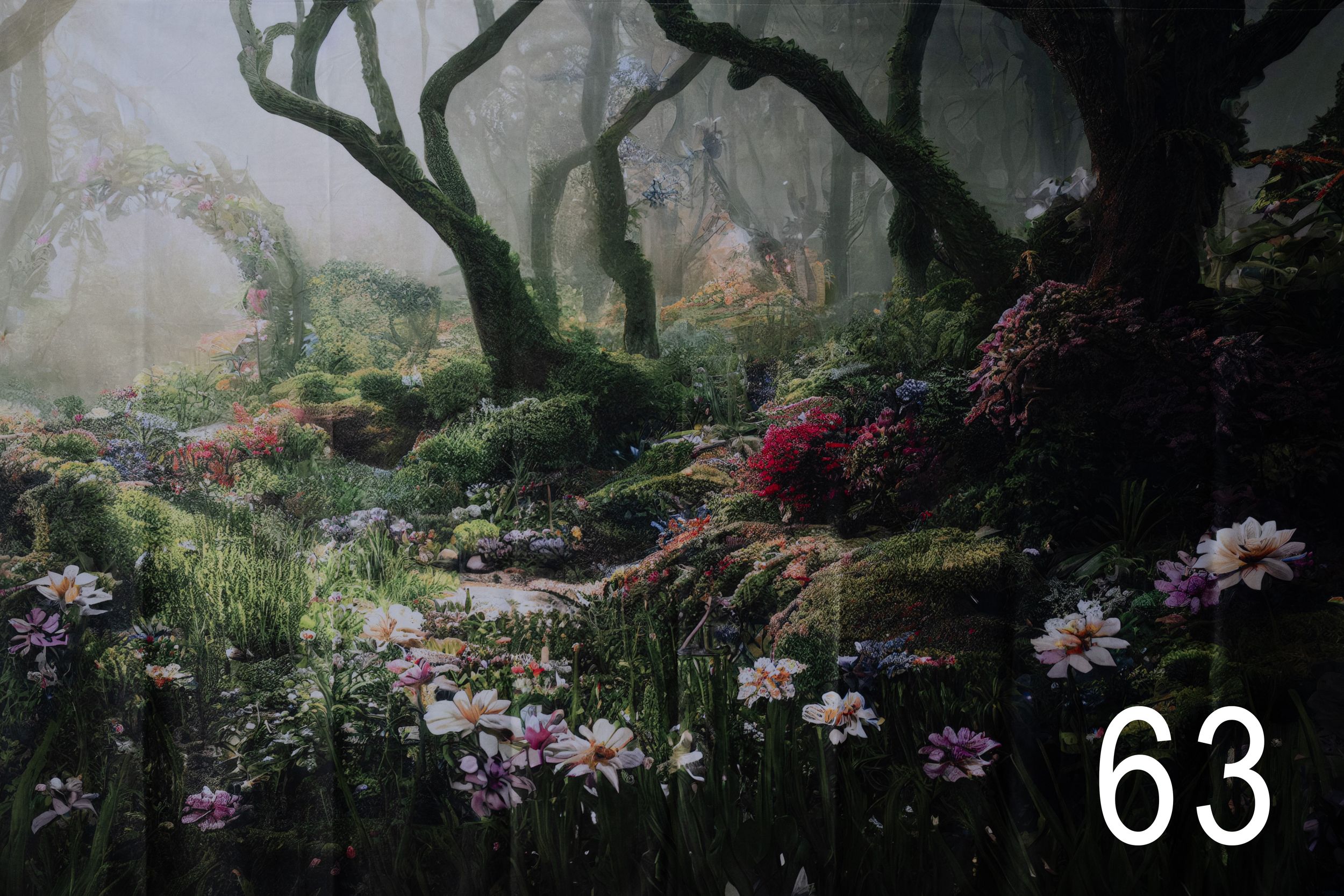 Misty forest path with blooming flowers and sunlight filtering through dense trees.