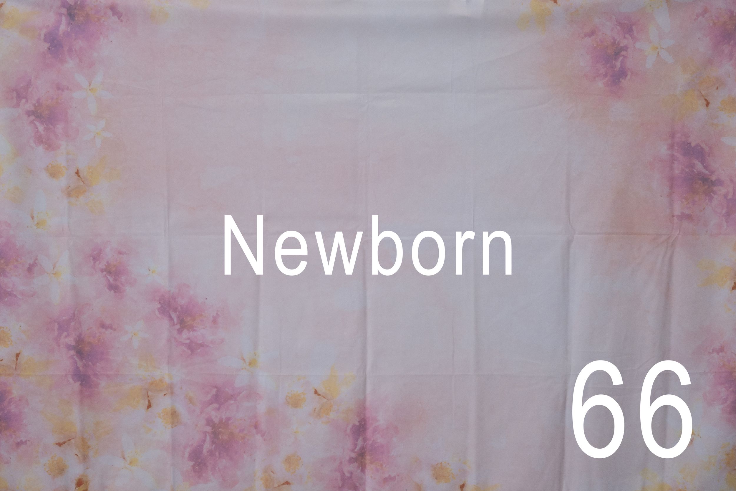 A soft pink and white floral background with text overlay displaying 'Newborn 66' in white lettering.