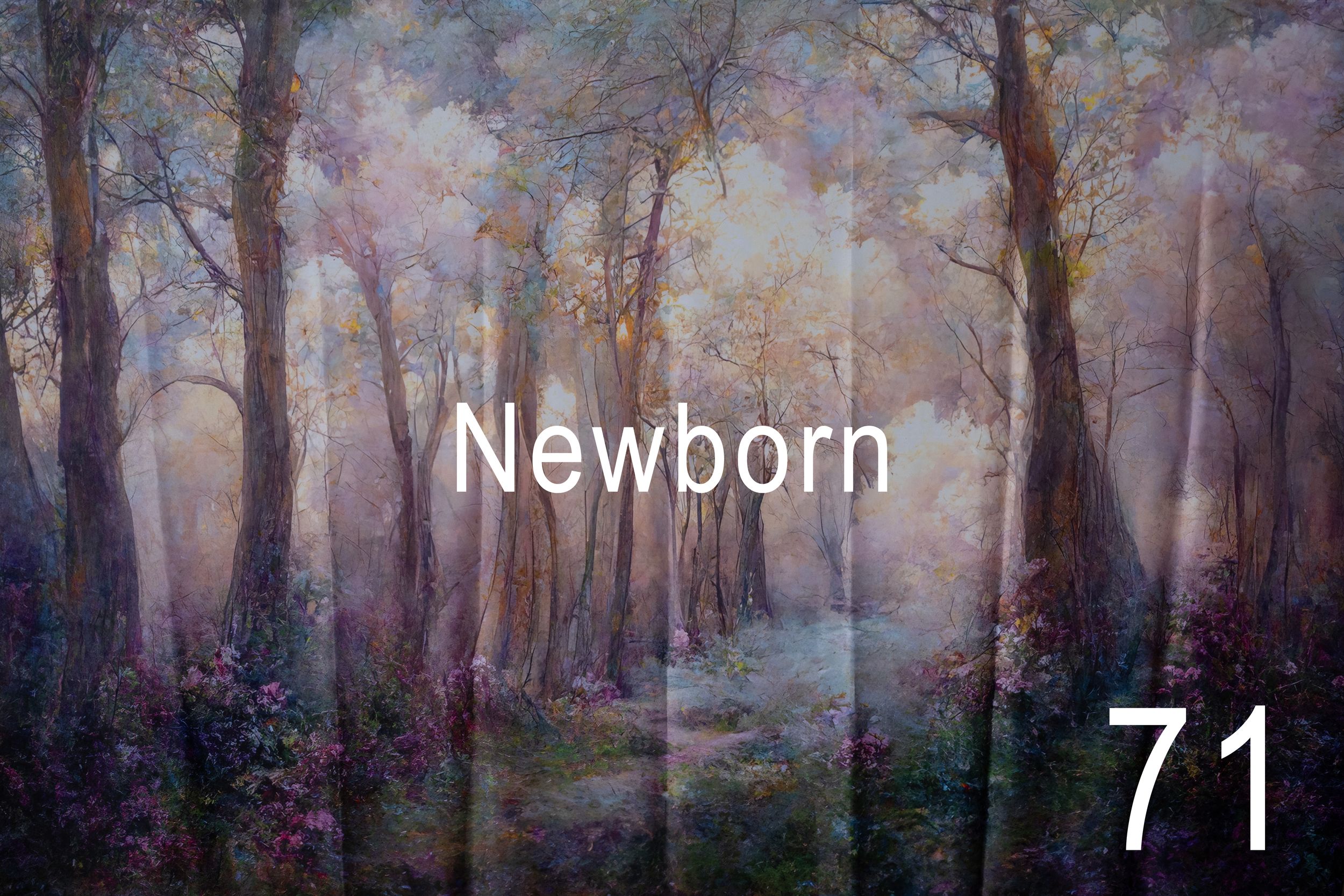 Misty forest path with tall trees and soft purple light filtering through the branches creating an ethereal atmosphere.