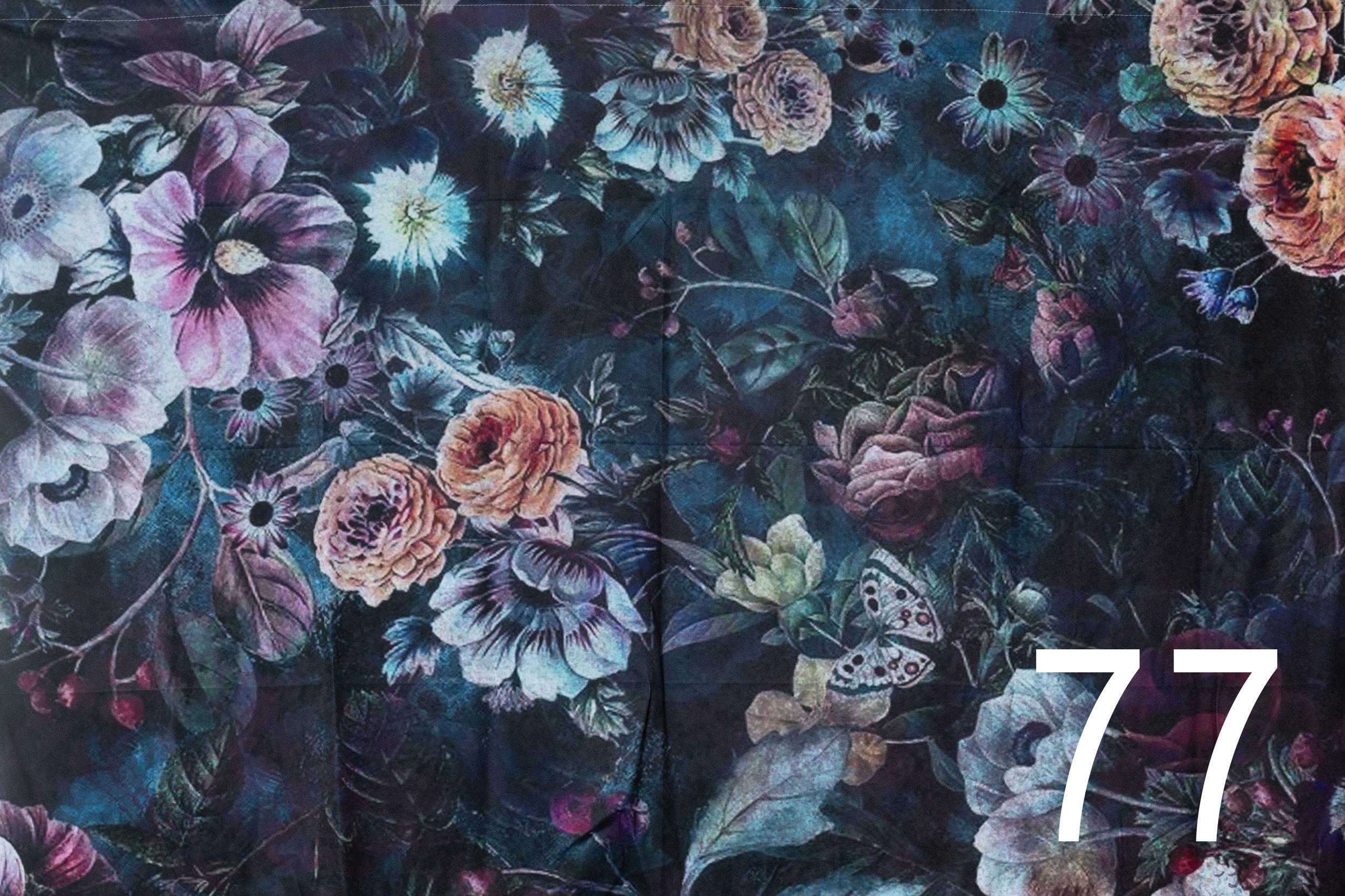 Dark moody floral wallpaper pattern with pink, purple and blue flowers against a black background.