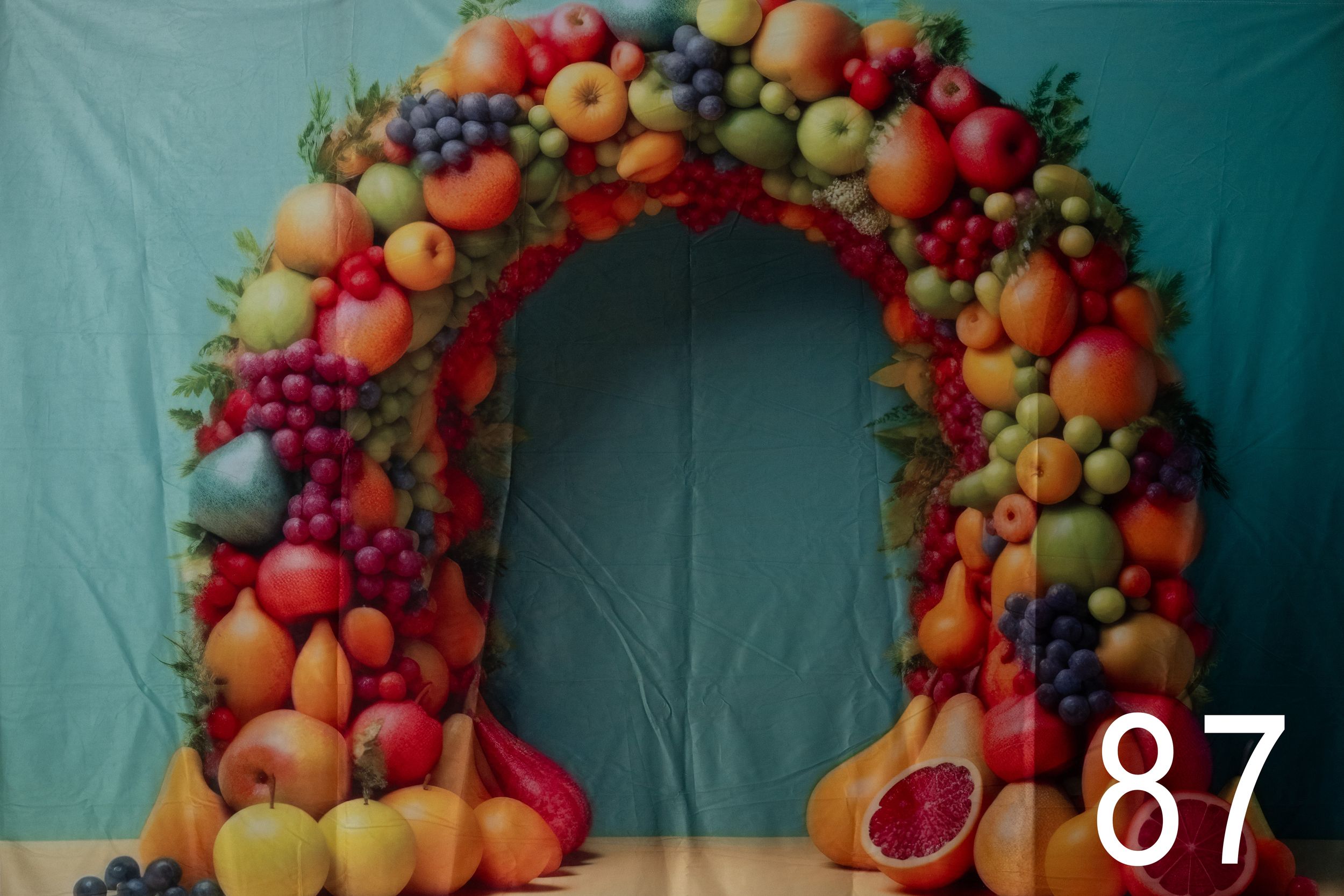 A vibrant wreath made with colorful fresh fruits including oranges, pomegranates, and berries against a teal background.