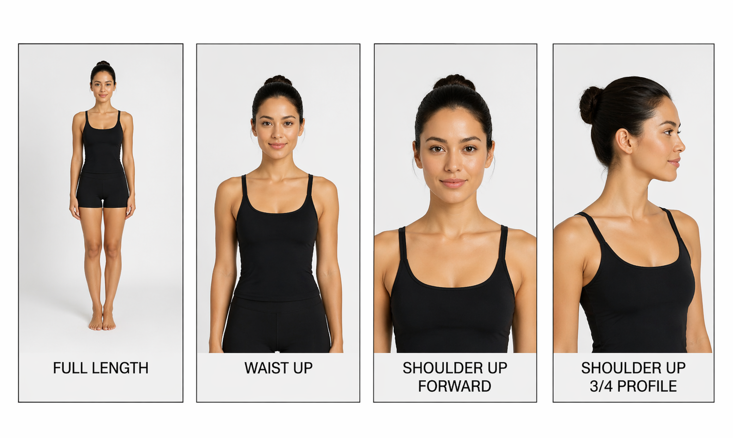 Woman modeling black camisole and shorts in four poses: full length, waist up, shoulder forward, and 3/4 profile views.