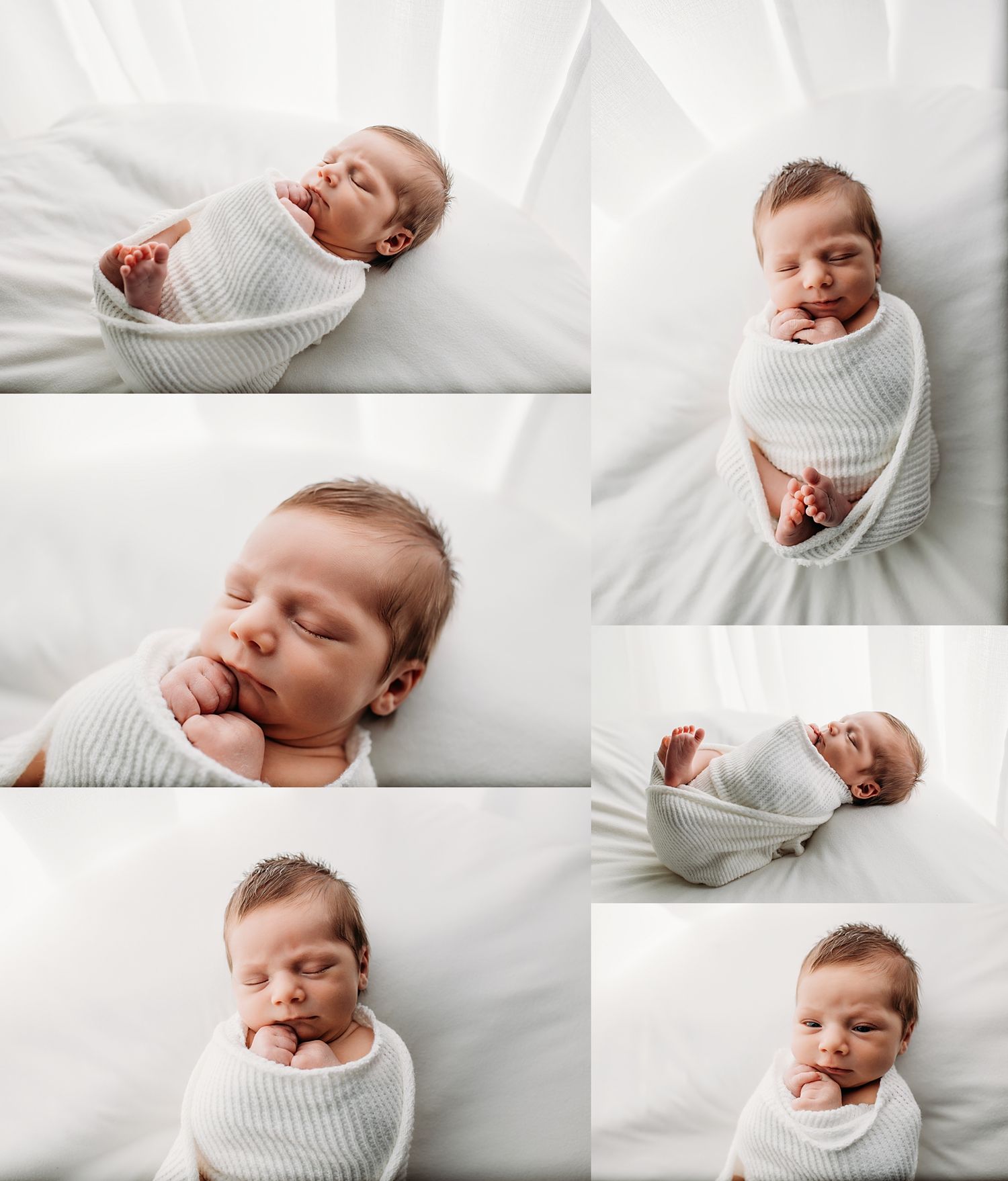 Peaceful newborn baby swaddled in white wrap, sleeping and awake in a soft white studio setting, collage of six poses.