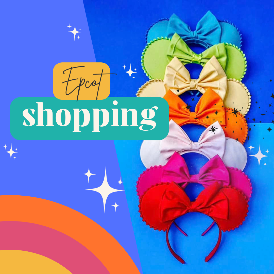 Colorful Disney-themed Mickey ear headbands with bows arranged in rainbow order on blue background.