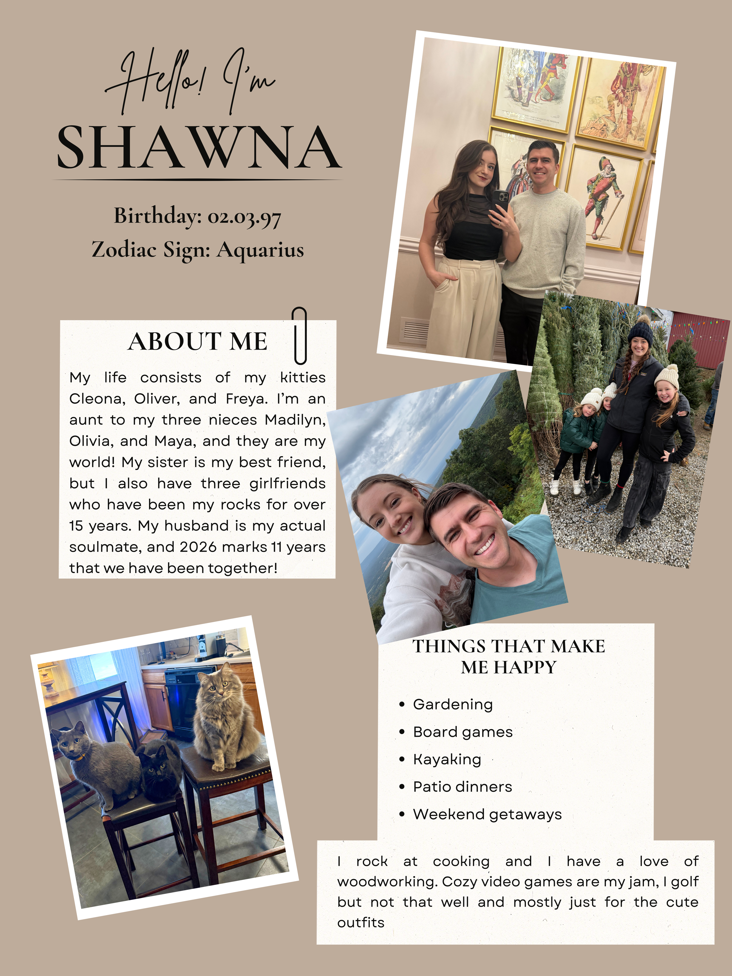 A personal introduction page layout with multiple photos and text sections showing hobbies and interests in a brown theme.