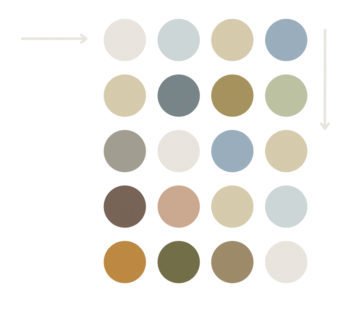 A curated palette of 20 earthy and muted tones arranged in a grid, featuring beige, sage, slate blue, brown, and warm neutral circles.