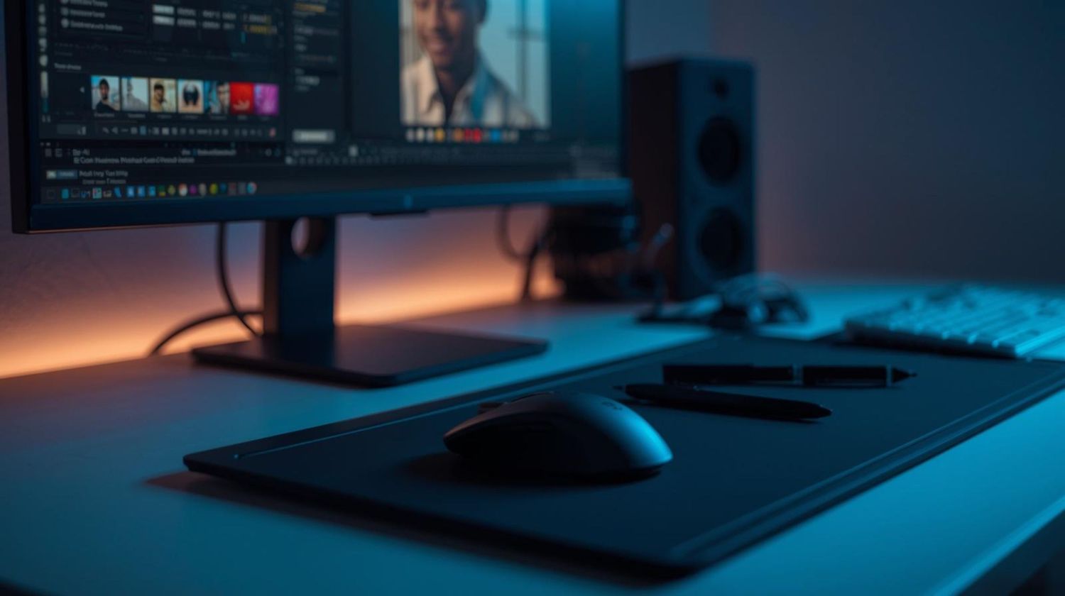 A professional video editing workstation with a monitor displaying footage, a mouse, and stylus pen on a dark desk.