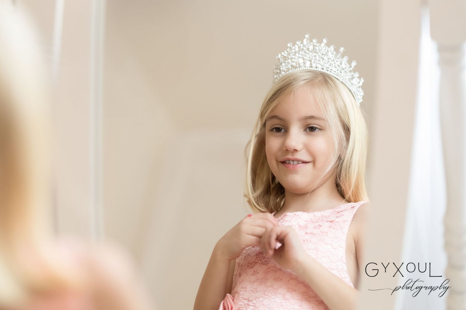 A pink princess dress and sparkling tiara create a magical portrait scene.