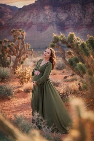 A maternity portrait in an olive dress against a desert backdrop with cacti and mountains.