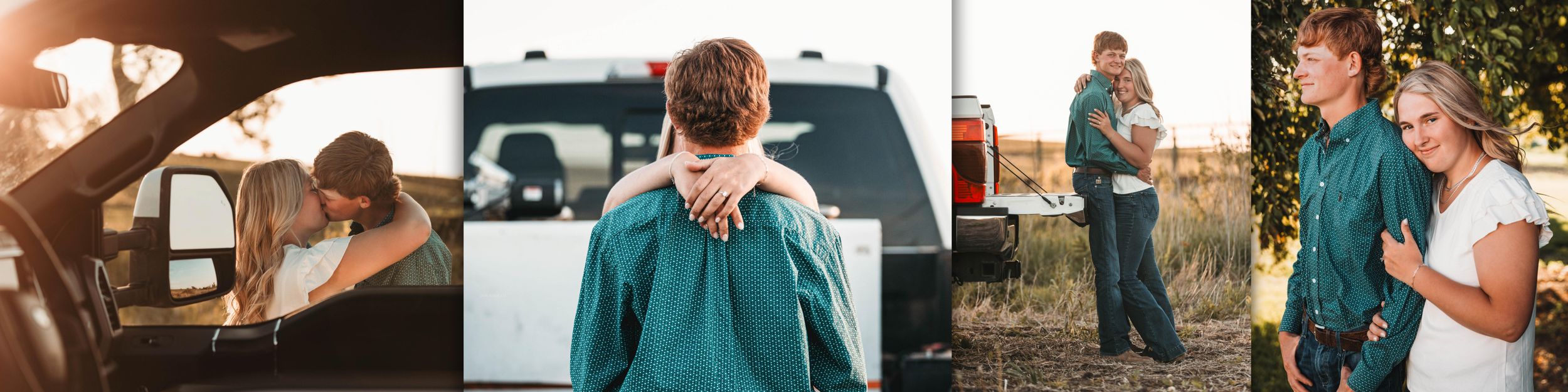 Four connected images showing intimate candid moments in teal and golden tones with backlit silhouettes in natural settings.